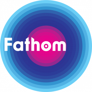 Fathom full colour logo, featuring a white Fathom word mark on concentric circles emanating from the Fathom O. The circles radiate out from pink, through dark blue to sky blue.