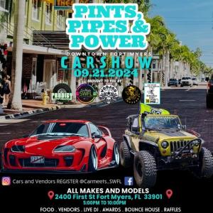 Pints, Pipes & Power Car &  Jeep Show Show to Ignite Downtown Fort Myers on September 21st, 2024