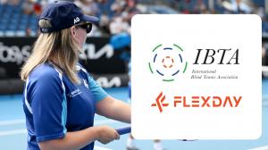 Image with Flexday logo and IBTA logo connected on a background with a blind tennis player getting ready to serve.