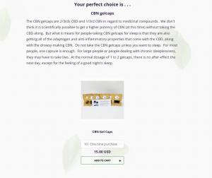 a screen shot of survey results, ending in recommendation for CBN gelcaps for sleep