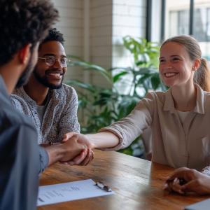 Young, middle-aged, white female shaking hands with new employer who she is being hired by.