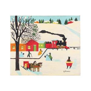 Original oil paintings by acclaimed Nova Scotia artists Maud Lewis (1901-1970) and Joe Norris (1924-1996); an 1860s F Oil on beaverboard painting by acclaimed Nova Scotia artist Maud Lewis (1901-1970), titled Train Station in Winter (circa 1960-1961), artist signed (est. CA$30,000-$40,000).