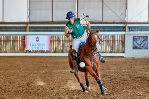 man rides polo horse towards ball