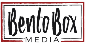 The image is a logo for "BentoBox Media." The design features a hand-drawn, brush-stroke style for the words "BentoBox" in large, bold, black lettering. Below, the word "MEDIA" appears in smaller, clean, sans-serif font. The entire logo is framed by a red