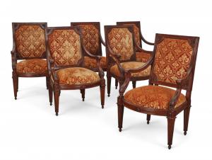 Set of six Italian Neoclassical walnut armchairs, Genoa, circa 1800 (est. $10,000-$15,000).