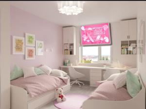 Cozy bedroom showcasing a Breast Cancer Awareness poster, adorned with soft decor and warm lighting to promote awareness and support.