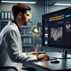 Forensic dentist at a desk, using an AI computer system to analyze dental records