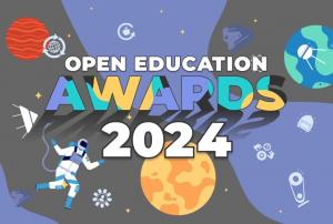 A graphic representation with spaceman and planets for OEAwards 2024