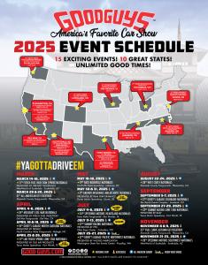 Graphic of the country showing the 15 different Goodguys events for 2025. 