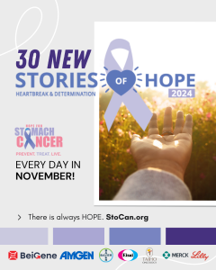 Graphic promoting the '30 Stories in 30 Days' campaign for November, featuring the campaign title and a background design symbolizing hope and resilience in stomach cancer awareness.