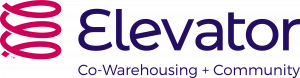 Elevator logo with a pink spiral icon and the tagline "Co-Warehousing + Community," symbolizing their unique support model for entrepreneurs.