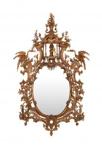 18th century oval giltwood George II or George III Chinese Chippendale mirror after a design by Thomas Chippendale (English, 1718-1779), 86 inches tall by 50 inches wide (est. $10,000-$15,000).