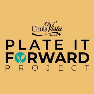 Yellow Background Color of Chula Vista Resort Logo & Plate It Forward Text, featuring small plate and fork image in the text