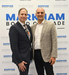 Chris Collucci, CEO & President of Markham Board of Trade, and Dr. Dan Palermo, Deputy Provost of York University Markham Campus, pose together at the Top 40 Under 40 Awards.