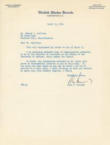 Lot #5 is a typewritten letter signed by then-U.S. Senator John F. Kennedy and addressed to Edmund B. Sullivan, a Democratic activist from Chestnut Hill, Mass. (est.$1,500-$2,000).