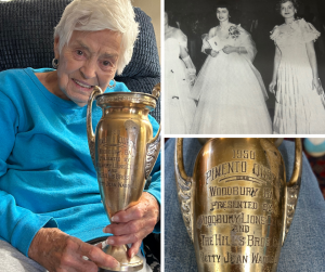 1950 Pimiento Queen Bettye Jean Waddell and today at age 91 years holding her Queen trophy, plus up close image of trophy to see the Engraving which includes Pimiento Queen 1950, the sponsors names, which are Hills Bros and Woodbury Lions Club