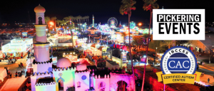 A vibrant night scene of a bustling event space with colorful lights, rides, and attractions, featuring the Pickering Events logo and the IBCCES Certified Autism Center™ (CAC) badge in the corner.