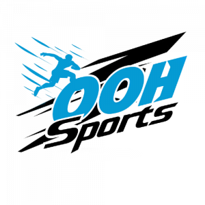 OOH Sports logo featuring a silhouette of a running athlete in blue with dynamic speed lines, symbolizing energy and movement.