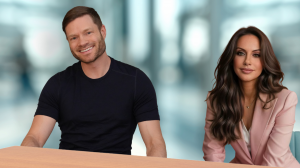 A photo of Dylan Curious, wearing a dark shirt, and Alyssa Christensen, wearing a light pink blazer, seated together in a collaborative setting, representing their partnership to interview top minds in AI, technology, and ethics.