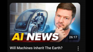 Dylan Curious in an AI News thumbnail, pondering the future of machines and humanity with an AI-driven vehicle in the background.