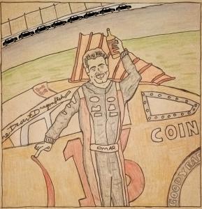 This is a whimsical drawing of Omar Sharif holding a bottle of port wine, leaning against his NASCAR #13 