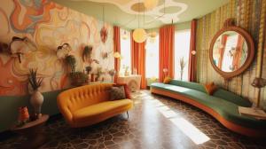 Retro-style living room interior design featuring vintage furniture, bold patterns, and vibrant colors for a nostalgic look.