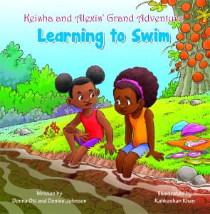 Keisha and Alexis sitting at the edge of the Demerara River with their feet in the water. The background includes trees, flowers, and a fruit tree.