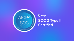 Fugo SOC 2 Type II Certified announcement featuring the AICPA SOC badge on a blue and purple gradient background