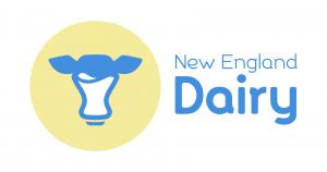 New England Dairy logo featuring a stylized blue cow head in front of a pale yellow circle, with the words 'New England Dairy' in blue text to the right.