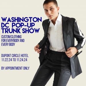 The Tailory New York DC Pop-Up Trunk Show promotional image: Model wearing classic black tuxedo and pleated white shirt. Event details overlaid, Credit: © The Tailory New York 2024