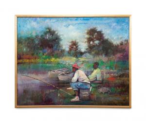 Untitled (Two Young Men Fishing) oil on canvas painting by William Tolliver (American, 1951-2000), impressive at 48 inches by 60 inches (canvas, less the frame) (est. $8,000-$12,000).