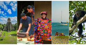 Collage showcasing destinations in Guatemala and Belize, featuring Mayan ruins, live culture, wildlife, and white sand beaches.