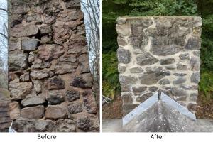 A before photo shows missing grout or pointing between the rocks of the chimney. The after mages shows the re-pointed grout added to stabilize the chimney structure.