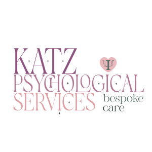 Logo of Katz Psychological Services with purple and pink text, a heart symbol, and the tagline "bespoke care."