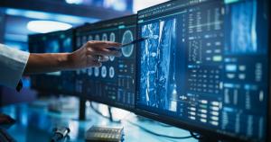 Image of medical scans on computer monitors