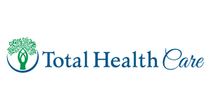 Total Health Care logo featuring a green tree with intertwining branches and roots enclosed in a blue circle, next to the text 'Total Health Care' in blue, with 'Care' in a script font.