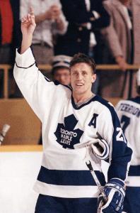 Börje Salming, on a ice hockey rink in the Toronto Maple Leafs jersey