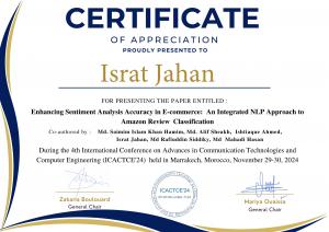 Certificate of appreciation given to Israt Jahan