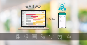 Graphic shows eviivo and Jervis Systems logo with a view of both softwares on desktop and mobile, respectively, beneath the logos. Icons for smart device functionality are shown underneath.