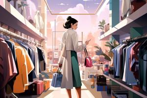 An illustrated scene inside a modern clothing boutique shows a stylishly dressed woman standing in profile, wearing a long cream-colored coat and green trousers. She is checking her phone while holding shopping bags, positioned in the center of the store