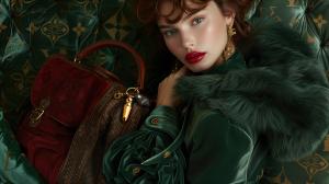 A close-up of a red and brown luxury handbag with a 24k gold-plated Potion Pendant, accompanied by a woman in an emerald-green outfit.