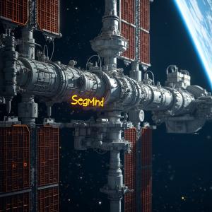The international space station with the text Segmind written on it. Photorealistic. High resolution.