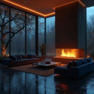 A luxurious, modern living room with a grand fireplace as the centerpiece. Large windows look out onto a dark, rainy night, where wet tree branches glisten under the night sky. The room is decorated with plush, dark blue s
