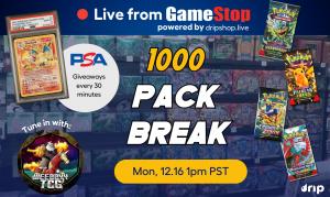 Promotional graphic for Drip Shop Live’s 1000 Pack Break event live from GameStop. Features a PSA-graded Charizard card with text reading: 'PSA Giveaways every 30 minutes,' and Pokémon card packs including Crown Zenith, Paldean Fates, and Paradox Rift. Te