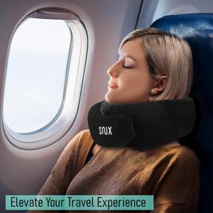 Product Lifestyle of a travel neck pillow worn by an airplane traveler