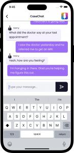 Screenshot of the Quilia app showing a CaseChat conversation between an attorney and client discussing medical updates.