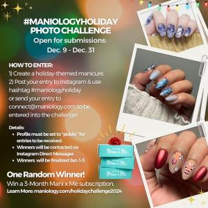 Maniology is hosting a Monthly Manicure Challenge, where one random winner will win a three-month subscription to the Mani x Me Box.