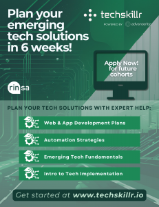 An image of the Techskillr Beginner Level Accelerator program flyer that shows information about the program and how to sign up for future opportunities