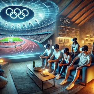 A group of five friends sits comfortably on a modern couch in a warmly lit living room, wearing sleek VR headsets. They are fully immersed in a 3D livestream of the Olympic Games, projected as a vivid and lifelike stadium environment surrounding them. The