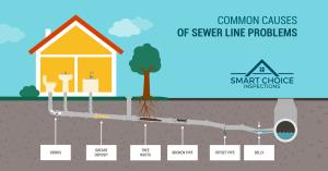 Diagram illustrating common sewer line problems such as tree root intrusion, grease deposits, broken pipes, offset joints, and pipe bellies, emphasizing the need for regular inspections and maintenance.